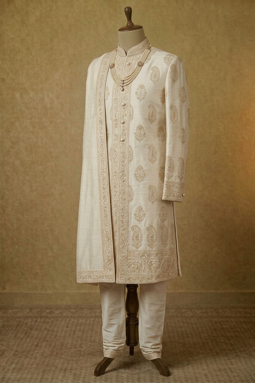 Sherwani aus elfenbeinfarbener Rohseide