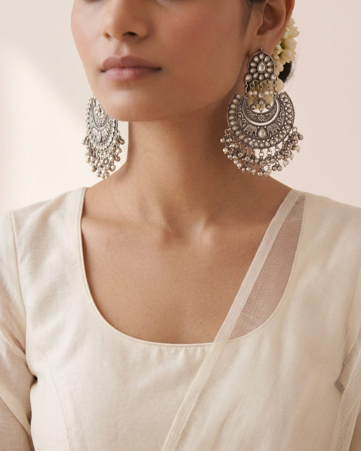 Silver Oxidized Chandbali Earrings