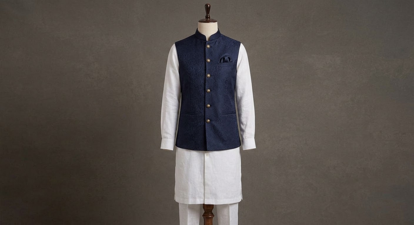 Nehru-Jacke aus Brokat in Mitternachtsblau